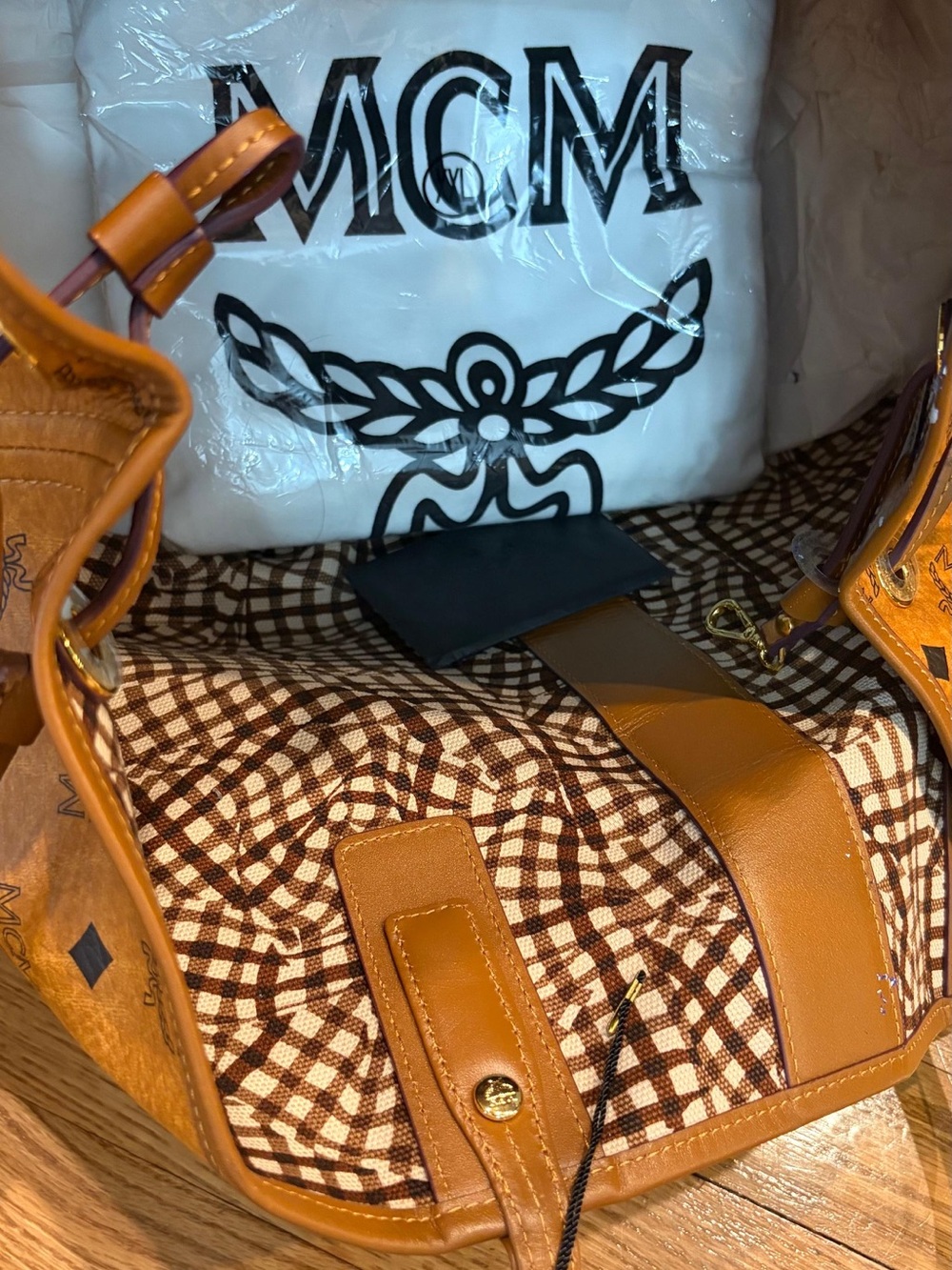 MCM Cognac Visetos Tote with Brown & Cream Patterned Interior